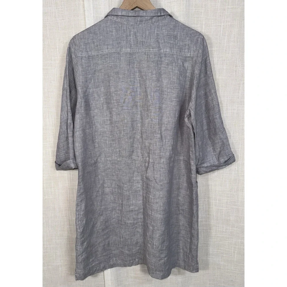 Kenar Gray 100% Linen Woven Shirt Dress Sz Large Collared MOP buttons Pockets - Picture 3 of 9
